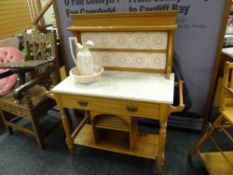 A vintage lightwood & veined marble tile back wash stand with single drawer & bottom recess, bearing