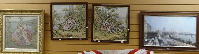 A framed tapestry in a reproduction gilt frame, pair of romantic tapestries & a print of old