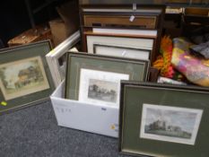 A quantity of framed prints, a vintage wicker hamper-set ETC Condition reports provided on request