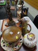 A turned wood cake pedestal, a Ewenny pottery jug, a Masons Ascot jar & cover, two modern table