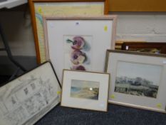 A parcel of framed pictures, a painted vintage mirror & another, two Welsh sea charts ETC