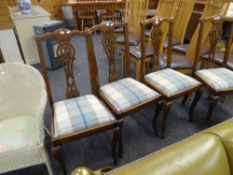 Four antique splat-back dining chairs with drop-in seats together with a vintage loom bedroom