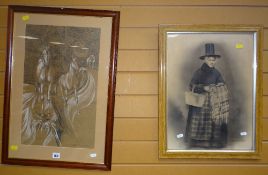 GARETH JOHN pencil drawing of horses, signed & dated 1968 together with a framed print of a woman in