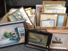 Two boxes of framed pictures Condition reports provided on request by email for this auction