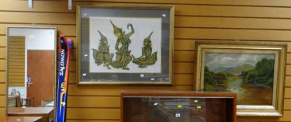 A wall mirror, an Oriental print, a nineteenth century oil painting of a fisherman, a print of a