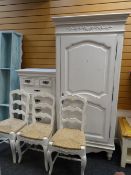 A French-style painted armoire together with three similar style rush seated chairs & narrow chest