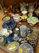 A parcel of mixed pottery including antique jugs & Wedgwood including a trio of silver rimmed