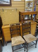 An antique mahogany wash basin table, a wooden military artillery box & two rush seated chairs