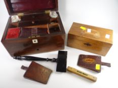 A pair of inlaid door wedges & a rosewood vanity box with contents ETC Condition reports provided on