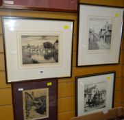 Four SAM GARRATT etchings each titled 'Llanfaes Bridge', 'Lion Street, Brecon', 'The Fish Quay, St