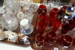 Large parcel of glassware & china including etched glass trumpet vase, claret jug, Augustus Rex-
