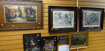 A pair of ALFRED STRUTT hunting prints, a framed print of a rural home, pair of portrait prints