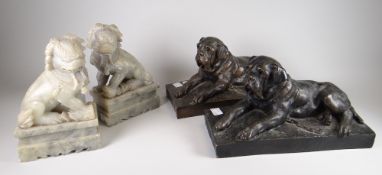 A pair of reproduction reclining dog sculptures & a pair of marble dogs-of-foo ornaments Condition