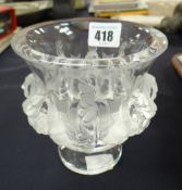 A modern Lalique France bell-shaped vase decorated with a series of doves, signed 12cms high