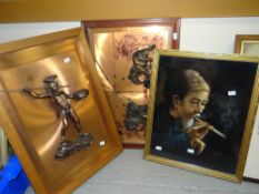 A framed relief plaque of a classical warrior, framed print of an opium smoker & a retro elephant
