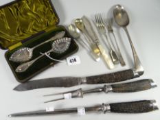 A three-piece silver mounted antler carving set & a parcel of loose & case flatware Condition