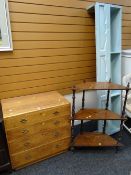 A painted pine shelf rack, a marquetry three-tier whatnot & a vintage chest of four graduated