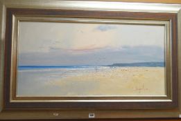 JORGE SEGRELLES (b.1953-) oil on canvas - beach scene with figures, signed, 39 x 79cms Condition