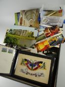 A collection of various postcards & philatelic items including a vintage Thomas' Patent pocket knife