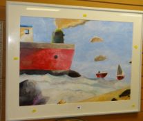 EMRYS WILLIAMS acrylic on paper - nautical theme with large ship & two smaller vessels, entitled