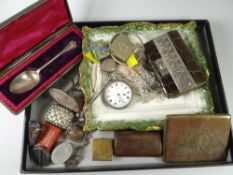 A parcel of silver and other collectables including silver pocket watch, silver ring tree, cased