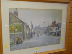 ARCHIE WILLIAMS pastel / watercolour - Cardiff street scene with figures & cars, signed & dated