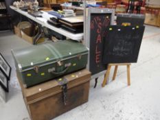A large tin deed box & an item of vintage luggage, a child's easel blackboard ETC Condition