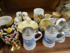 A parcel of pottery including Clarice Cliff Celtic Harvest cake stand, pair of Royal Doulton