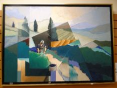 IAN D SCOTT (1943-2013) oil on canvas - semi-abstract landscape with grape picker, entitled verso '