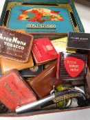 A vintage Clarnico confectionary tin containing a collection of tobacco & smoking related items with