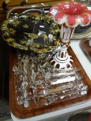 An antique lustre vase with drops together with an antique gilded & mother-of-pearl decorated