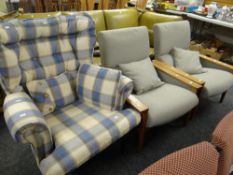 A pair of wooden framed armchairs & a tartan covered wingback armchair Condition reports provided on