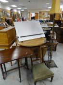 A parcel of furniture including circular top pine drop-leaf table, standard lamp, draughtsman's