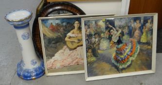 A pair of retro circa 1960s Flamenco prints, a wall mirror & a planter pedestal Condition reports