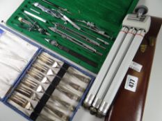 A cased vintage German tripod & a cased writing set & a cased set of EPNS forks Condition reports