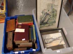 A box of framed prints & a box of old books including Household Physician Condition reports provided