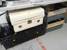A vintage black painted tin deed box & a painted tin trunk Condition reports provided on request