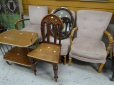 A mid century two-tier tea trolley, an ecclesiastical-style hall chair, three chairs & a mirror