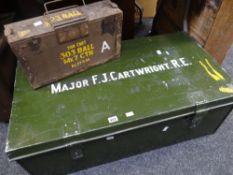 A metal military trunk printed with Major F J Cartwright RE together with a small vintage wooden