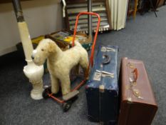 An early to mid-century infant's push-along soft-toy dog, an alabaster table lamp & two items of
