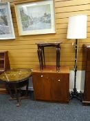 A metal standard lamp & shade, two kidney shaped chairs, cupboard, marquetry table, bookcase,