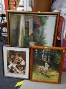 A large oil on canvas of a farm, another smaller oil on board of children playing & a print AFTER