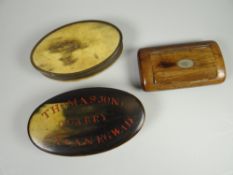 A horn carved oval snuff box with painted lettering 'Thomas Jones Quarry, Llanegwad' together with a