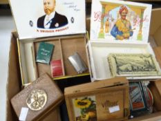 A collection of tobacco smoking related collectables including cigar boxes, lighters, a Woodbines