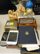 Two mobile phones, three decorative trinket boxes etc