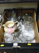 Box of EP ware and a colourful jug