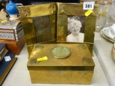 Oriental brass lidded box with central hardstone inlay and a pair of Arts & Crafts style brass