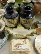 Pair of hand painted vases (damage to one), a pair of Satsuma vases, a Victorian style jardiniere