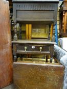 Vintage oak single drawer side table, lidded box example and one other