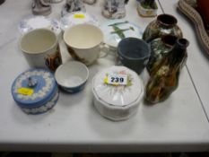 Collection of pottery trinket boxes by Wedgwood, Coalport etc, three slipware vases, possibly Bretby
